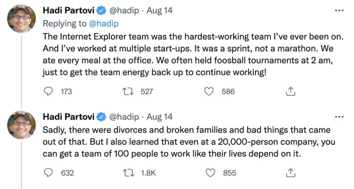 Tweet từ Hadi Partovi nói về số tiền đã hy sinh để tạo ra Internet Explorer