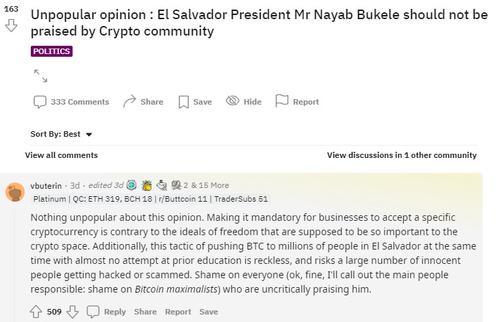 Nhà sáng lập Ethereum Vitalik Buterin chỉ trích Luật Bitcoin của El Salvador