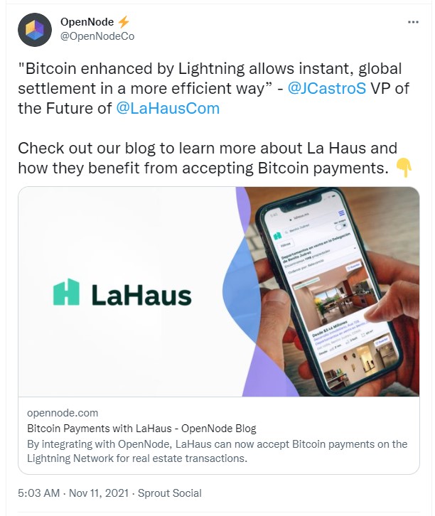 ViMoney - Thông báo của Open Node: La Haus chấp nhận thanh toán bằng Bitcoin qua Lightning Network