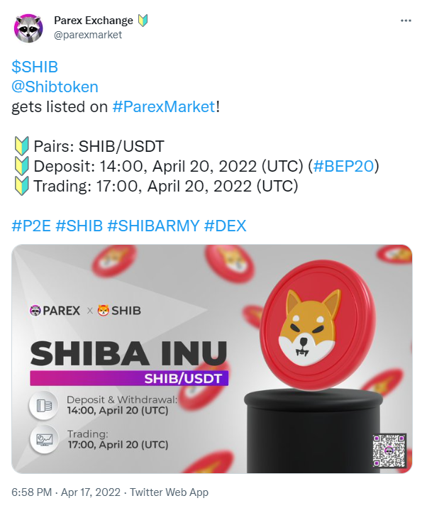 ViMoney: Shiba Inu sẽ được niêm yết trên sàn giao dịch phi tập trung Parex từ 20/4