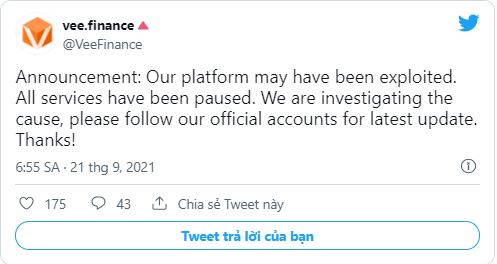 Thông báo của Vee Finance trên trang Twitter chính thức thông báo về sự việc mất cắp.