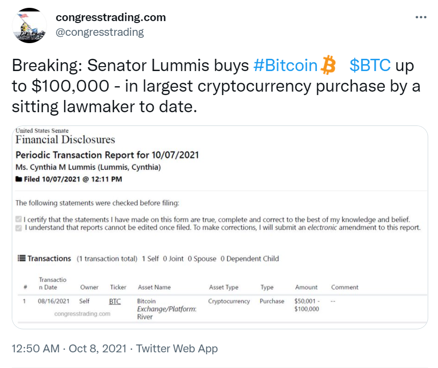 ViMoney - Thượng nghị sĩ Lummis mua Bitcoin trị giá 100 nghìn đô la - hình 1