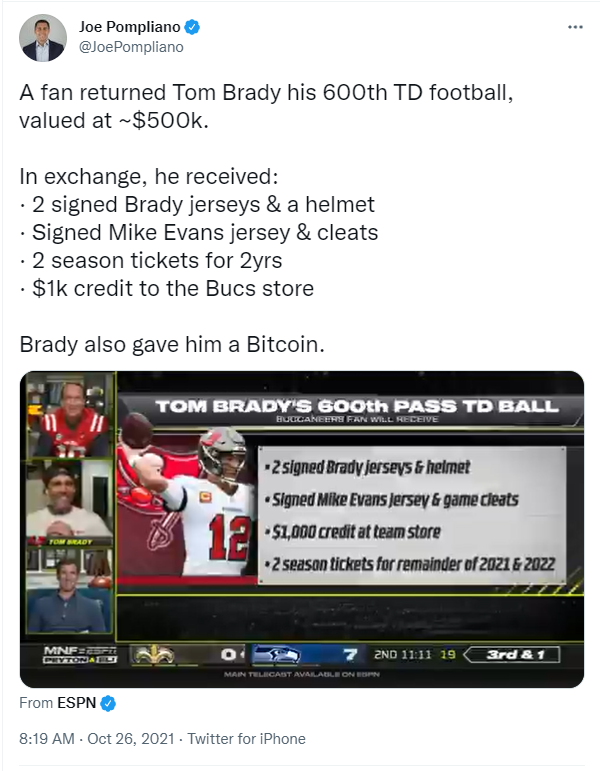 ViMoney -  Tom Brady tặng Bitcoin cho người hâm mộ để đổi lấy quả bóng đá Touchdown thứ 600