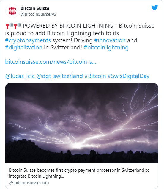 Bitcoin Suisse hiện đã tích hợp công nghệ Lightning Network. 