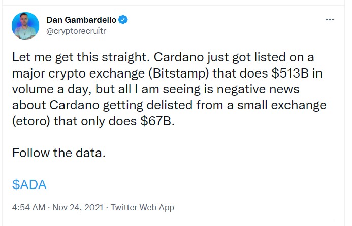 ViMoney - Dan Gambardello: Cộng đồng quá tập trung vào thông tin eToro mà quên rằng sàn giao dịch lớn Bitstamp sắp niêm yết ADA