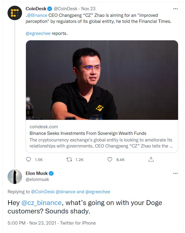ViMoney - Elon Musk tag thẳng Giám đốc điều hành Binance để hỏi về Dogecoin