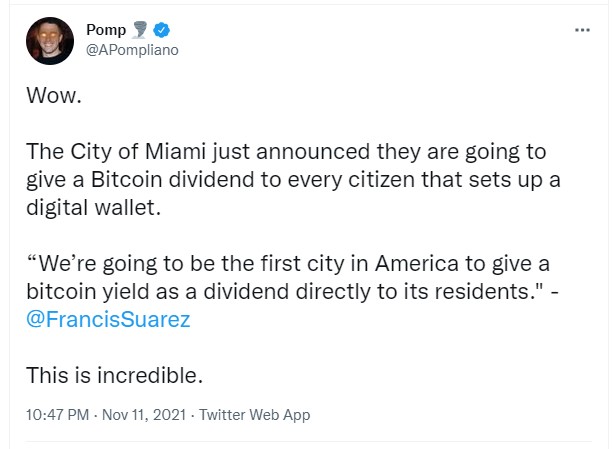 ViMoney - Thị trưởng Francis Suarez: Thành phố Miami sẽ chia cổ tức bằng Bitcoin cho công dân