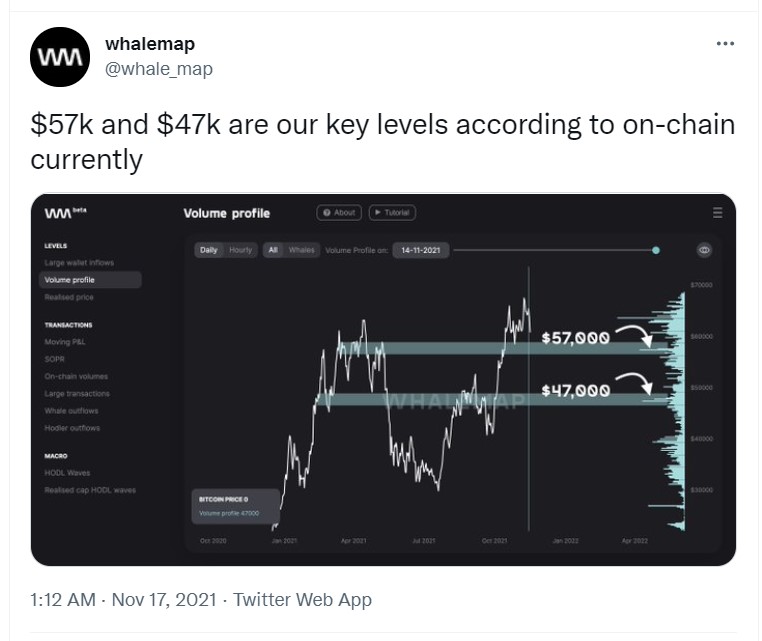 ViMoney - Whale Map: Vùng hỗ trợ $ 57,000 và $ 47,000 của Bitcoin