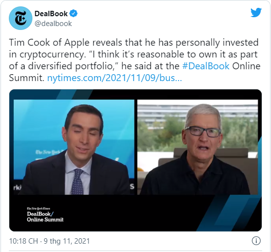 CEO Apple Tim Cook hé lộ bản thân sở hữu tiền điện tử  