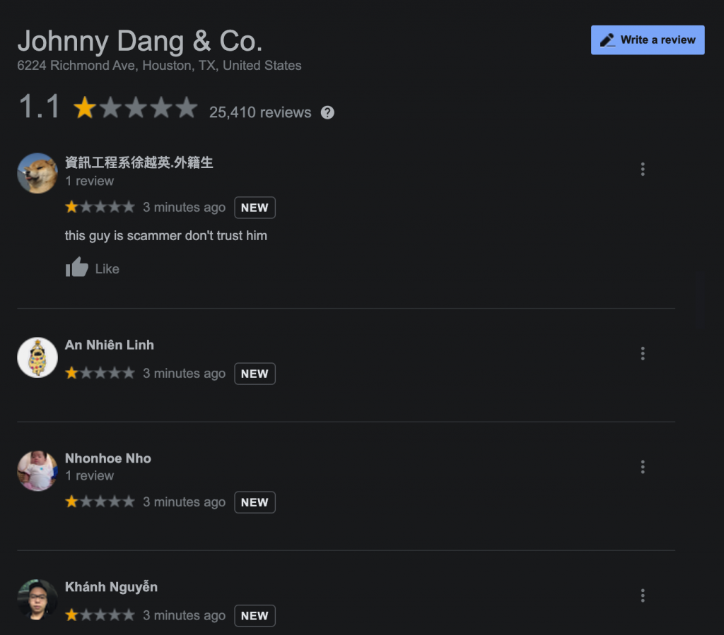 Johnny Dang & Co. trên Google được xếp hạng 1 sao, thông tin trên Wiki đã bị chỉnh sửa thành kẻ lừa đảo