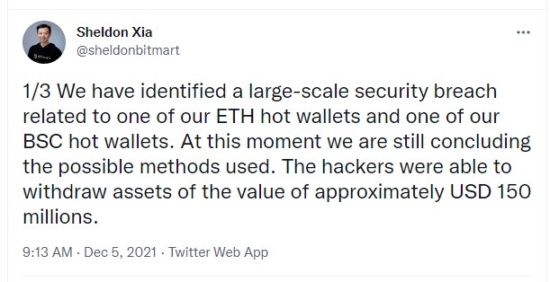 ViMoney: Bitmart bị hack với tổng thiệt hại 200 triệu USD trên Ethereum và BinanceChain - Sheldon Xia 1