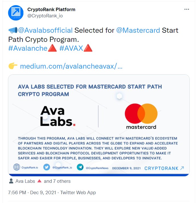 ViMoney: Điểm tin Crypto cuối tuần 11/12 - Mastercard lựa chọn Ava Labs tham gia Start path Crypto Program