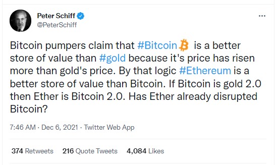 ViMoney: Peter Schiff cho rằng Ethereum đã "disrupt" Bitcoin, xứng đáng là nơi lưu trữ giá trị tốt hơn