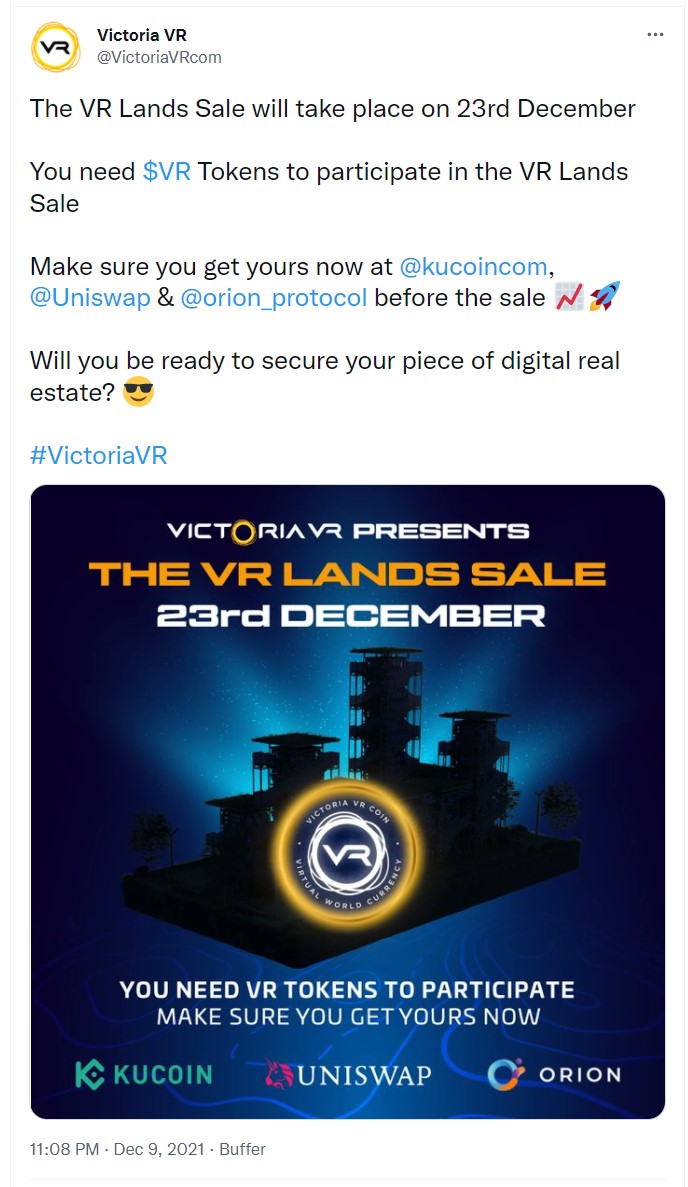 ViMoney: Điểm tin Crypto cuối tuần 11/12 - Vicoria VR tổ chức VR Lands Sales vào 23/12