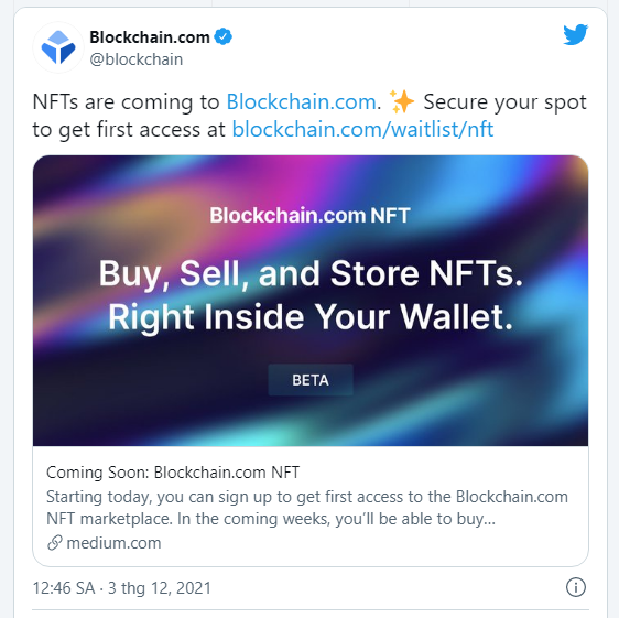 Blockchain.com nối tiếp bước chân của Coinbase và FTX, mở ra sàn giao dịch NFT