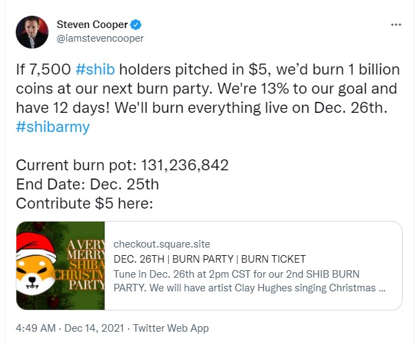 ViMoney: Bữa tiệc đốt coin: 2 tỷ SHIB có thể sẽ bị đốt vào tháng 12? Steven Cooper đưa ra điều kiện đốt 1 tỷ SHIB