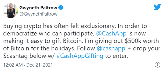 Gwyneth Paltrow tổ chức sự kiện giveaway Bitcoin qua ứng dụng Cash App