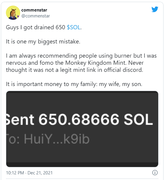 Khách hàng của Monkey Kingdom thông báo mất 650 SOL trị giá hơn 100.000 USD.