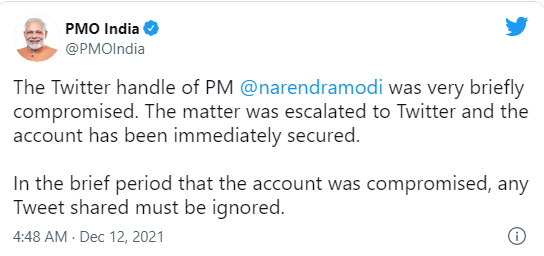 Các tin tặc tấn công Twitter thủ tướng Ấn Độ Modi nhằm mục đích lừa đảo BTC