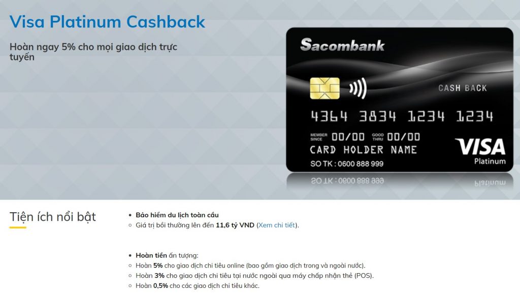 ViMoney: Top các thẻ tín dụng cashback tốt nhất 2022 - Thẻ tín dụng quốc tế Sacombank Visa Platinum Cash Back