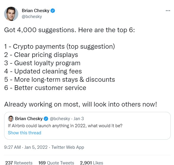ViMoney: Brian Chesky: Airbnb có thể sớm bổ sung thanh toán bằng tiền điện tử