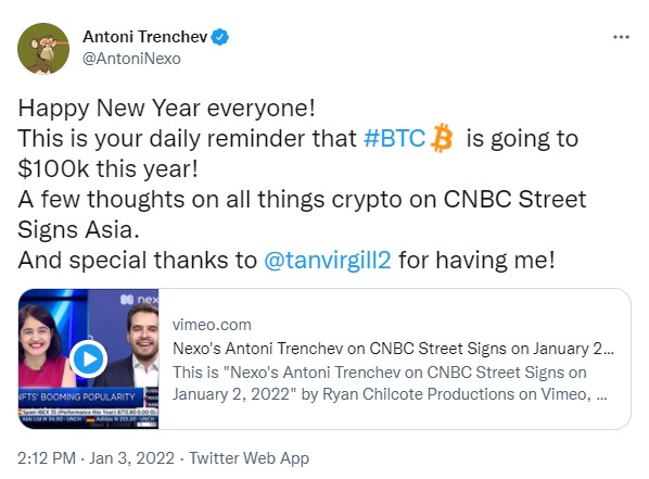 ViMoney: Điểm tin Crypto ngày 06/01: Antoni Trenchev dự đoán Bitcoin sẽ đạt 100.000 đô la vào giữa năm 2022