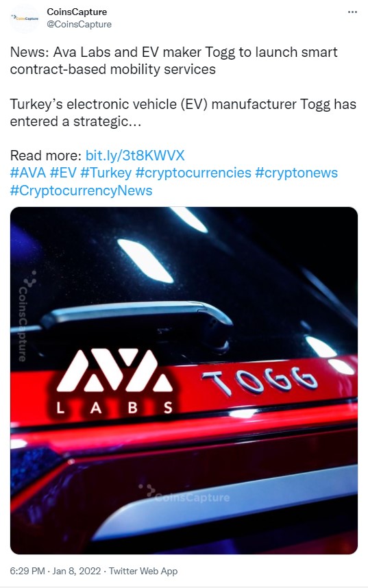 ViMoney: Điểm tin Crypto 9/1: Togg hợp tác với Ava Labs