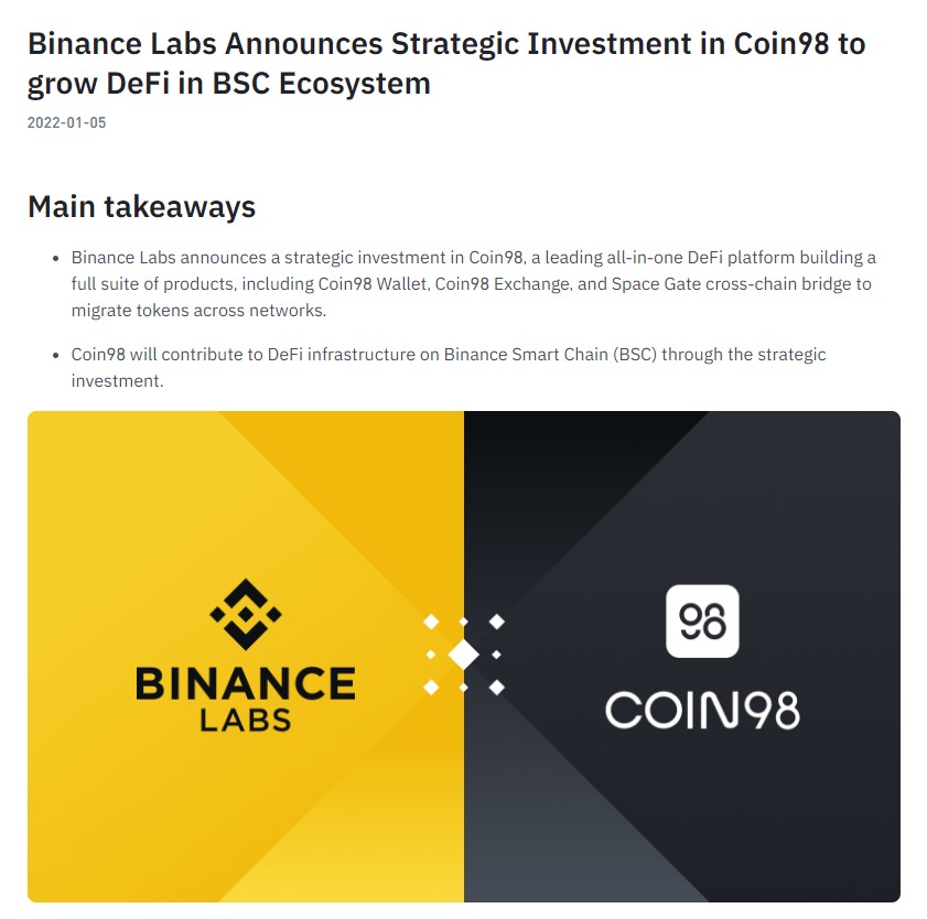 ViMoney: Điểm tin Crypto ngày 06/01: Binance Labs đầu tư Coin98