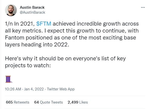 ViMoney: Austin Barack của CoinFund kỳ vọng “sự tăng trưởng đáng kinh ngạc” của Fantom sẽ tiếp tục vào 2022