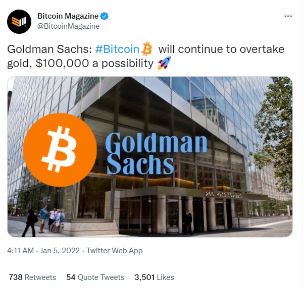 ViMoney: Điểm tin Crypto ngày 06/01: Goldman Sachs dự đoán Bitcoin sẽ đạt 100.000 đô la vào giữa năm 2022