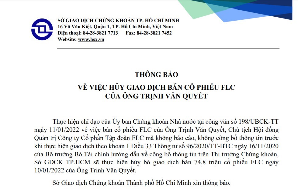 ViMoney: HOSE hủy giao dịch bán "chui" gần 75 triệu cổ phiếu FLC của ông Trịnh Văn Quyết