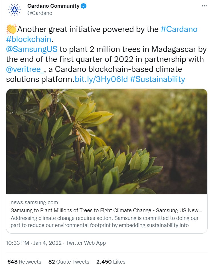 ViMoney: Điểm tin Crypto ngày 06/01: SamsungUS hợp tác với veritree của Cardano trồng cây