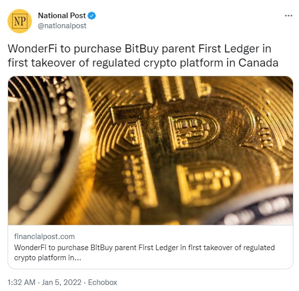 ViMoney: Điểm tin Crypto ngày 06/01: WonderFi mua lại công ty mẹ BitBuy