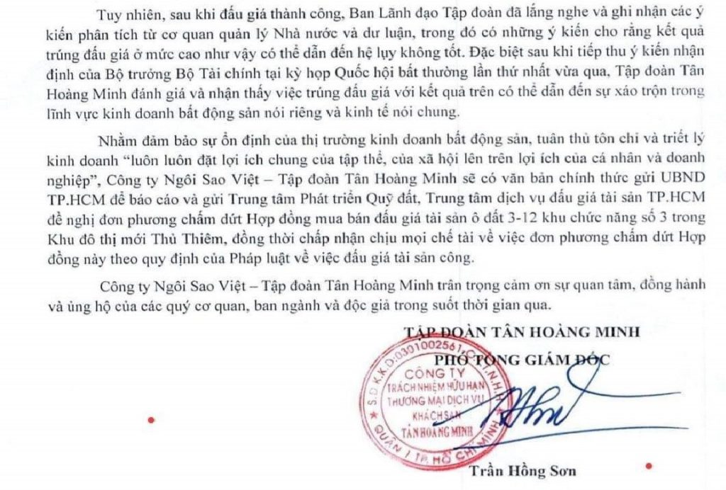 ViMoney: Tân Hoàng Minh xin bỏ cọc lô đất đấu giá Thủ Thiêm