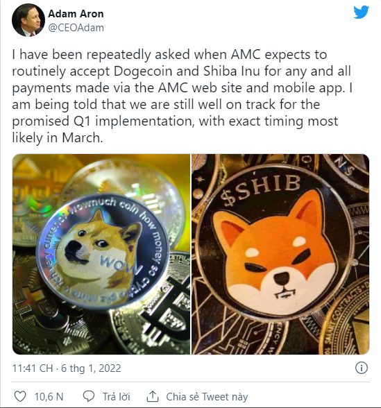 AMC sẽ chấp nhận thanh toán bằng Dogecoin và Shiba Inu trong năm 2022