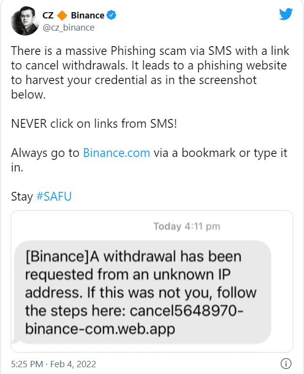 Binance cảnh báo trò lừa đảo qua SMS