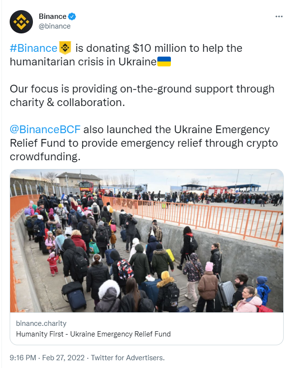 ViMoney: Binance cam kết ủng hộ Ukraine tối thiểu 10 triệu USD