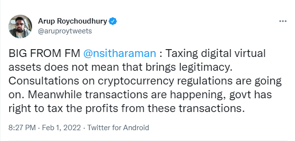ViMoney: Bộ trưởng Tài chính Nirmala Sitharaman: Bitcoin và Ethereum sẽ không bao giờ trở thành tiền tệ hợp pháp ở Ấn Độ h1