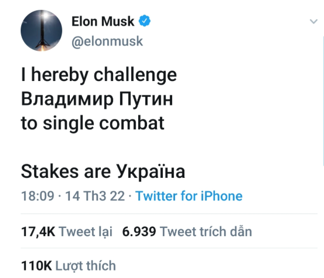 Elon Musk thách Tổng thống Putin đấu tay đôi, Điện Kremlin gọi CEO Tesla là "tiểu quỷ nhỏ"