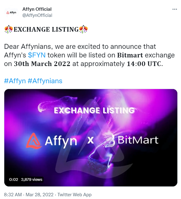 ViMoney: Bitmart CEX niêm yết mã thông báo FYN của Affyn h2