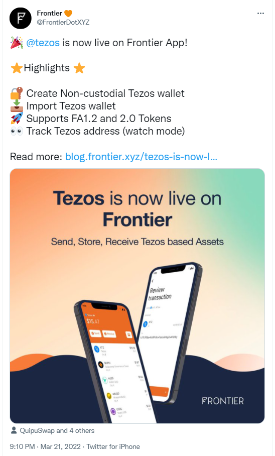 ViMoney: Tezos (XTZ) đã có mặt trên ví Frontier h1