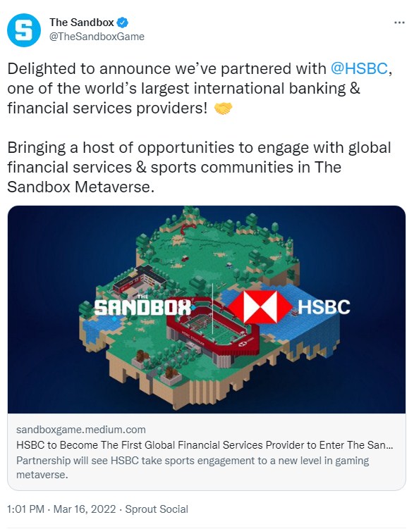 ViMoney: Số nhà giao dịch ngắn hạn Sandbox tăng 32% khi những người chơi mới như HSBC tham gia Metaverse h2
