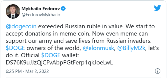 Cộng đồng Dogecoin quyên góp tiền điện tử tương đương 53K USD cho Ukraine