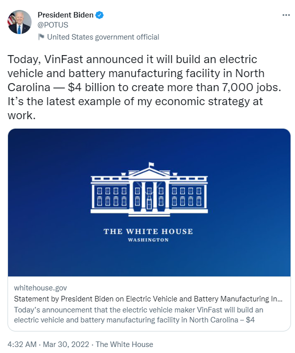 ViMoney: Tổng thống Mỹ chúc mừng VinFast xây nhà máy sản xuất xe điện trị giá 4 tỷ USD h2