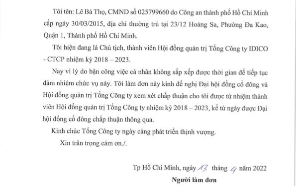 Chủ tịch HĐQT Lê Bá Thọ nộp đơn xin từ nhiệm tại IDICO (IDC) vì lý do bận việc cá nhân - Ảnh 1.
