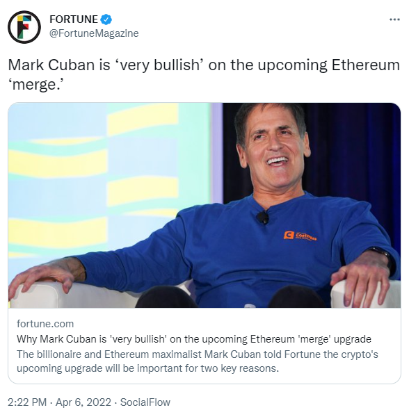 ViMoney: Tỷ phú Mark Cuban "rất lạc quan" về Ethereum "Merge" sắp ra mắt h2