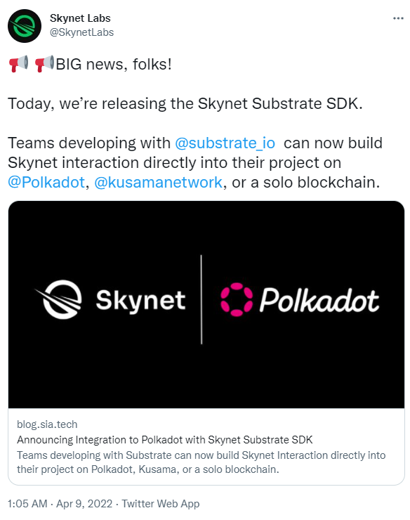ViMoney: Polkadot hiện hỗ trợ Skynet Substrate SDK