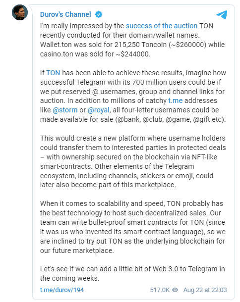 vimoney: Nguồn cảm hứng để CEO Telegram đề xuất NFT hóa tên người dùng