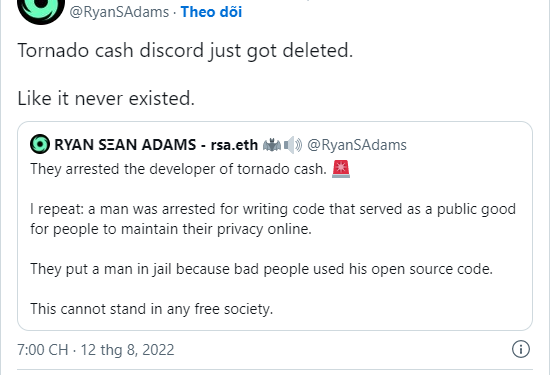 Kênh Discord và diễn đàn quản trị của Tornado Cash biến mất