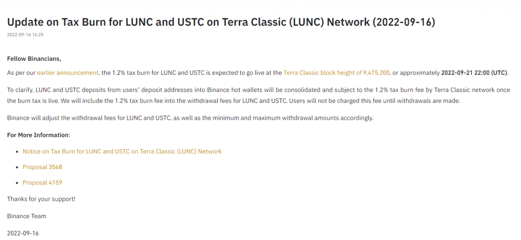 Binance tham gia burn 1,2% Terra Classic LUNC